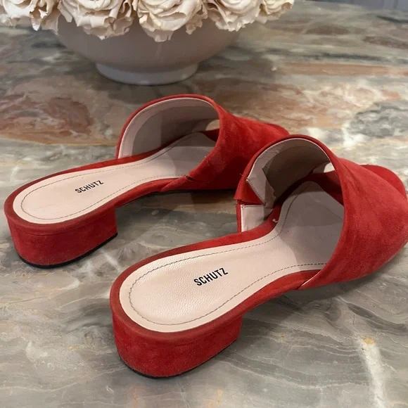 Schutz Red Suede Slide Sandals - Picture 6 of 8